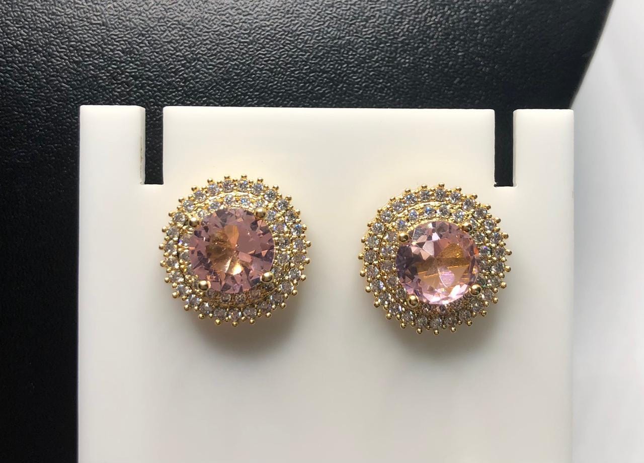Conjunto Pedras Rosas Redondas Zirconias Semijoia Dourada