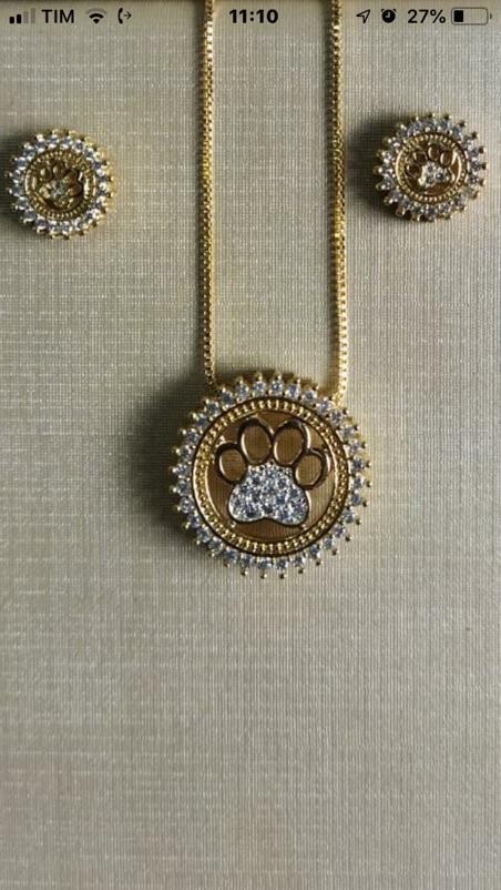 Conjunto Patinha de Cachorro Zirconias Brancas Semijoia Dourada