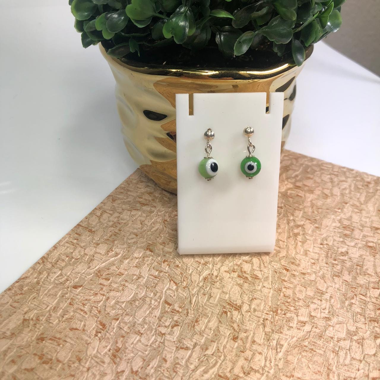 Brinco Olho Grego Verde E Branco Prata 925K