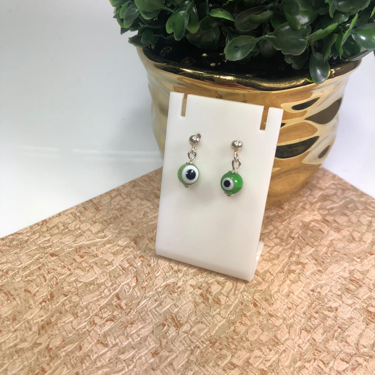 Brinco Olho Grego Verde E Branco Prata 925K
