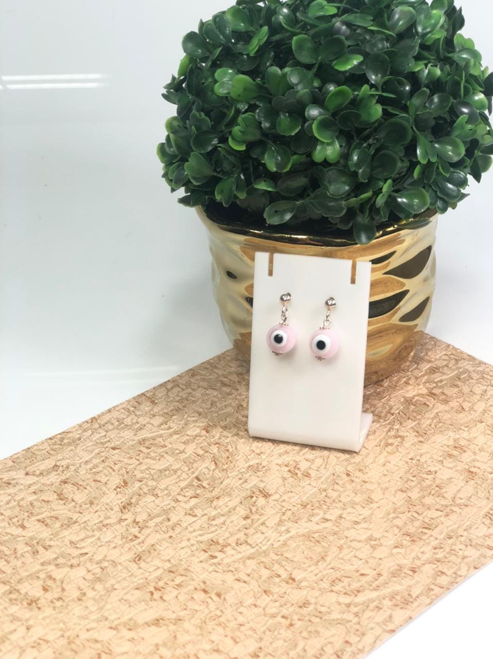Brinco Olho Grego Rosa e Branco Prata 925K