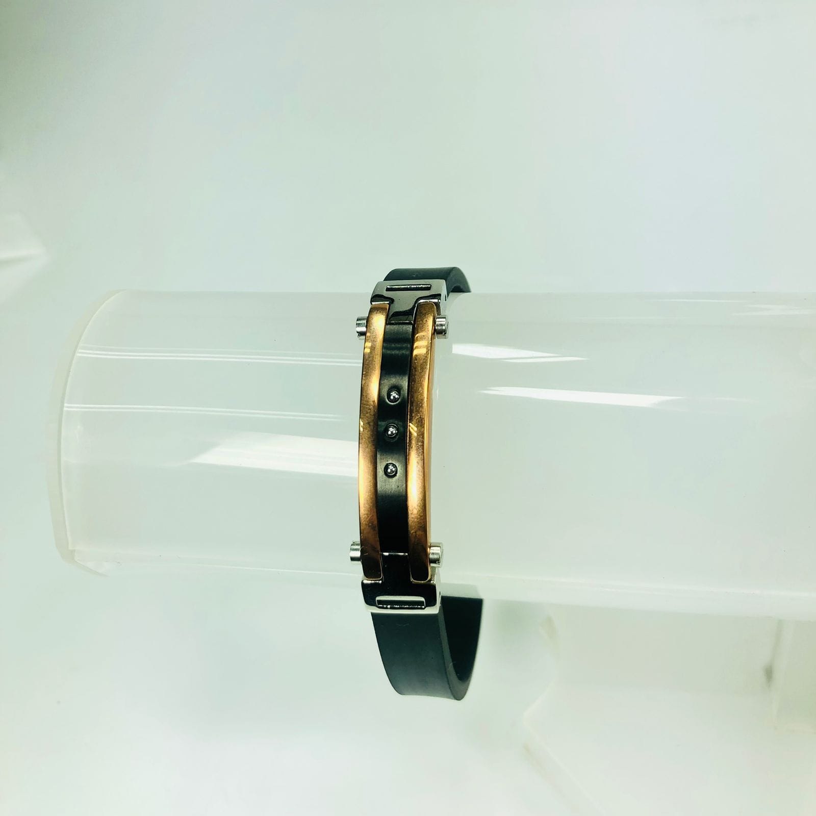 Bracelete Masculino em Borracha e Aço Rose e branco