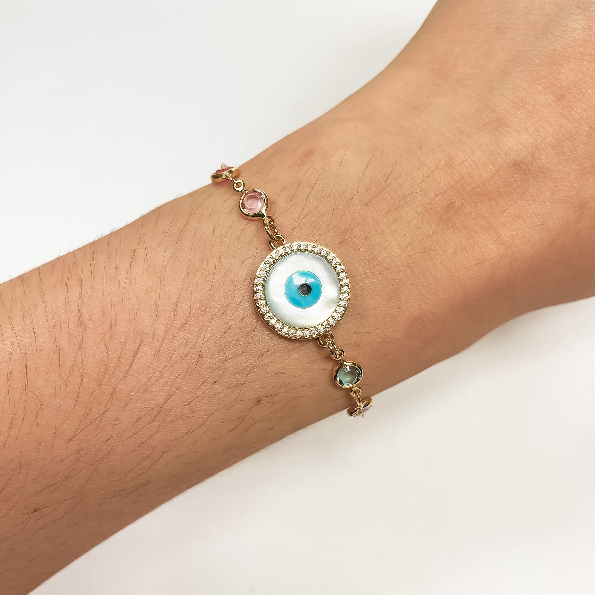 Pulseira Olho Grego e Pedras Coloridas Semijoia
